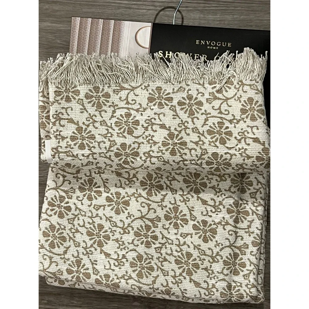 New Envogue Home Fabric Shower Curtain Textured Cotton Brown Floral Print Fringe